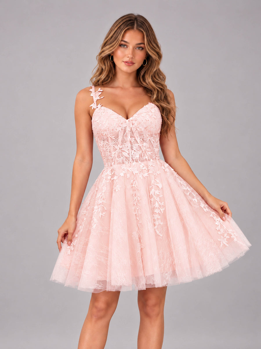 Blush Pink Exquisite Appliques Spaghetti Straps Mini Tulle Homecoming Dresses