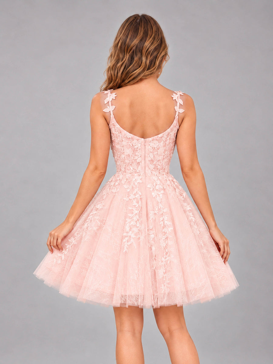 Blush Pink Exquisite Appliques Spaghetti Straps Mini Tulle Homecoming Dresses