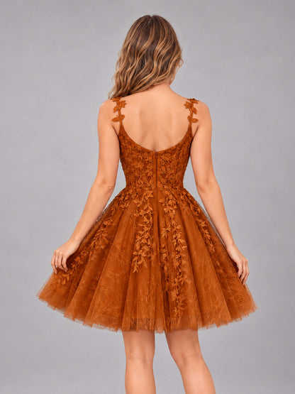 Burnt Orange Exquisite Appliques Spaghetti Straps Mini Tulle Homecoming Dresses