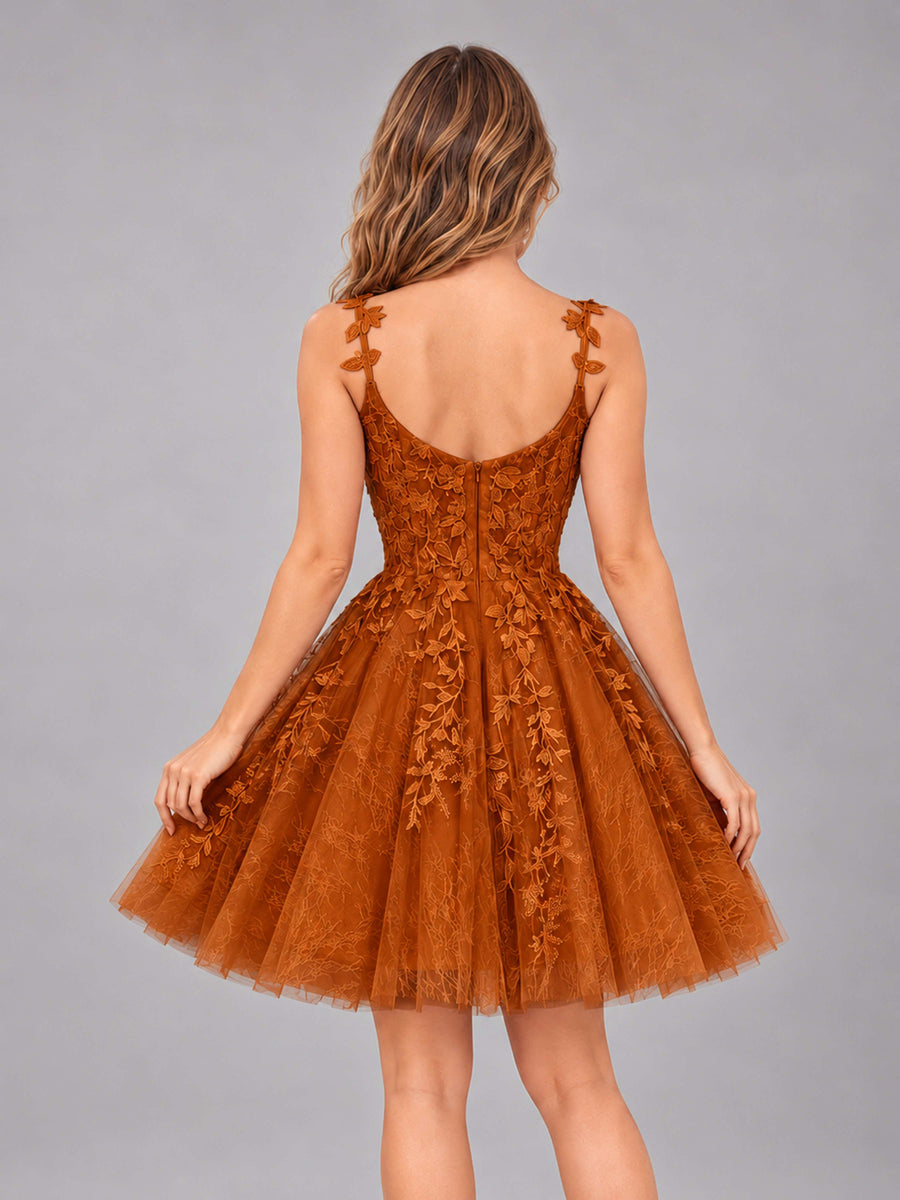 Burnt Orange Exquisite Appliques Spaghetti Straps Mini Tulle Homecoming Dresses