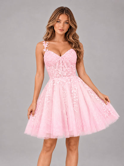 Candy Pink Exquisite Appliques Spaghetti Straps Mini Tulle Homecoming Dresses