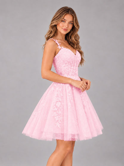 Candy Pink Exquisite Appliques Spaghetti Straps Mini Tulle Homecoming Dresses