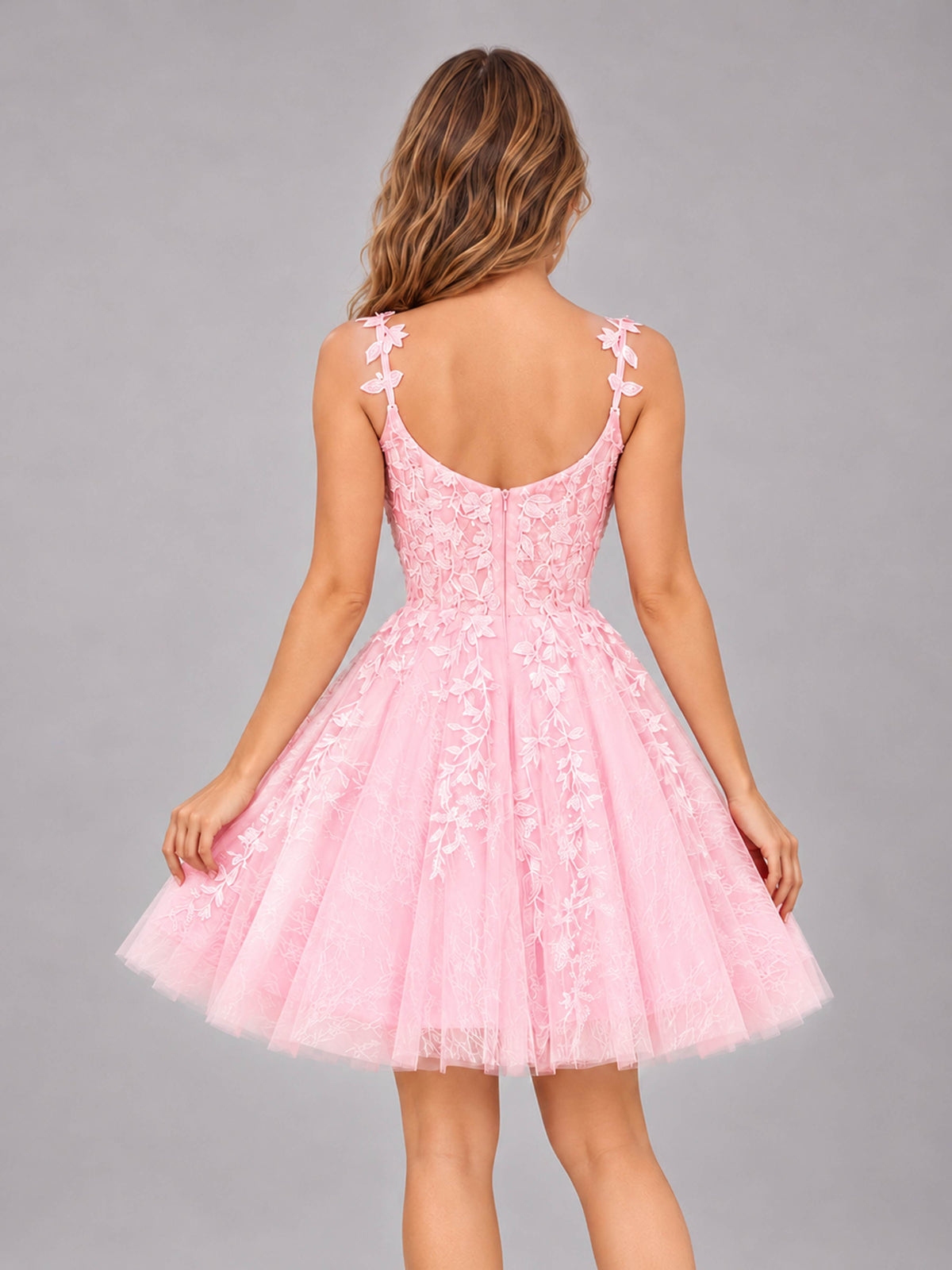 Candy Pink Exquisite Appliques Spaghetti Straps Mini Tulle Homecoming Dresses