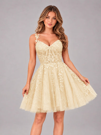 Champagne Exquisite Appliques Spaghetti Straps Mini Tulle Homecoming Dresses