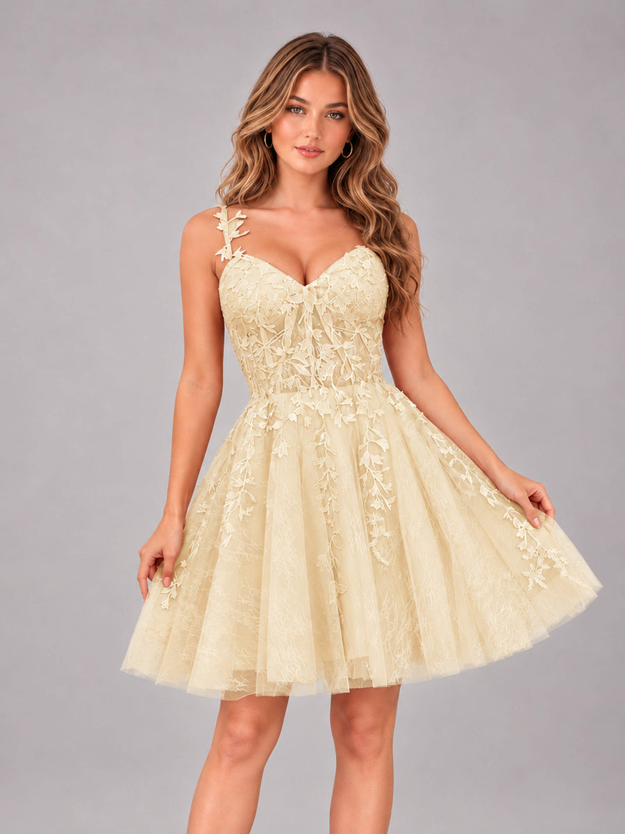 Champagne Exquisite Appliques Spaghetti Straps Mini Tulle Homecoming Dresses