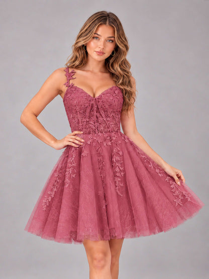 Cinnamon Rose Exquisite Appliques Spaghetti Straps Mini Tulle Homecoming Dresses