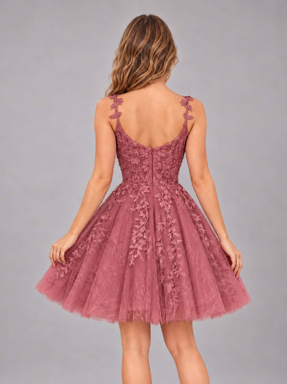 Cinnamon Rose Exquisite Appliques Spaghetti Straps Mini Tulle Homecoming Dresses
