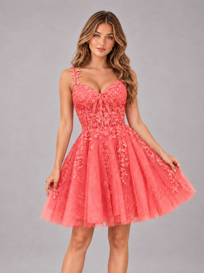 Coral Exquisite Appliques Spaghetti Straps Mini Tulle Homecoming Dresses