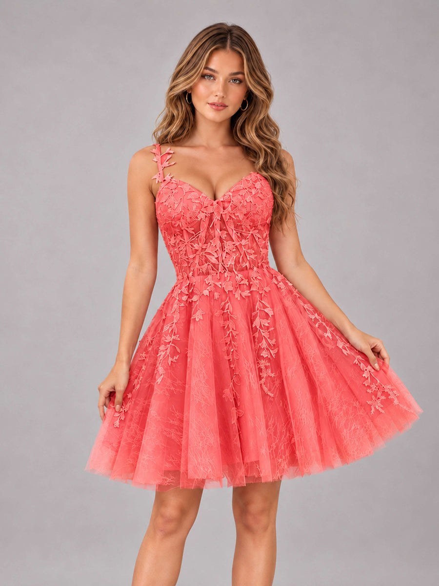 Coral Exquisite Appliques Spaghetti Straps Mini Tulle Homecoming Dresses