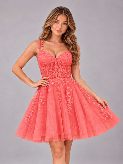 Coral Exquisite Appliques Spaghetti Straps Mini Tulle Homecoming Dresses