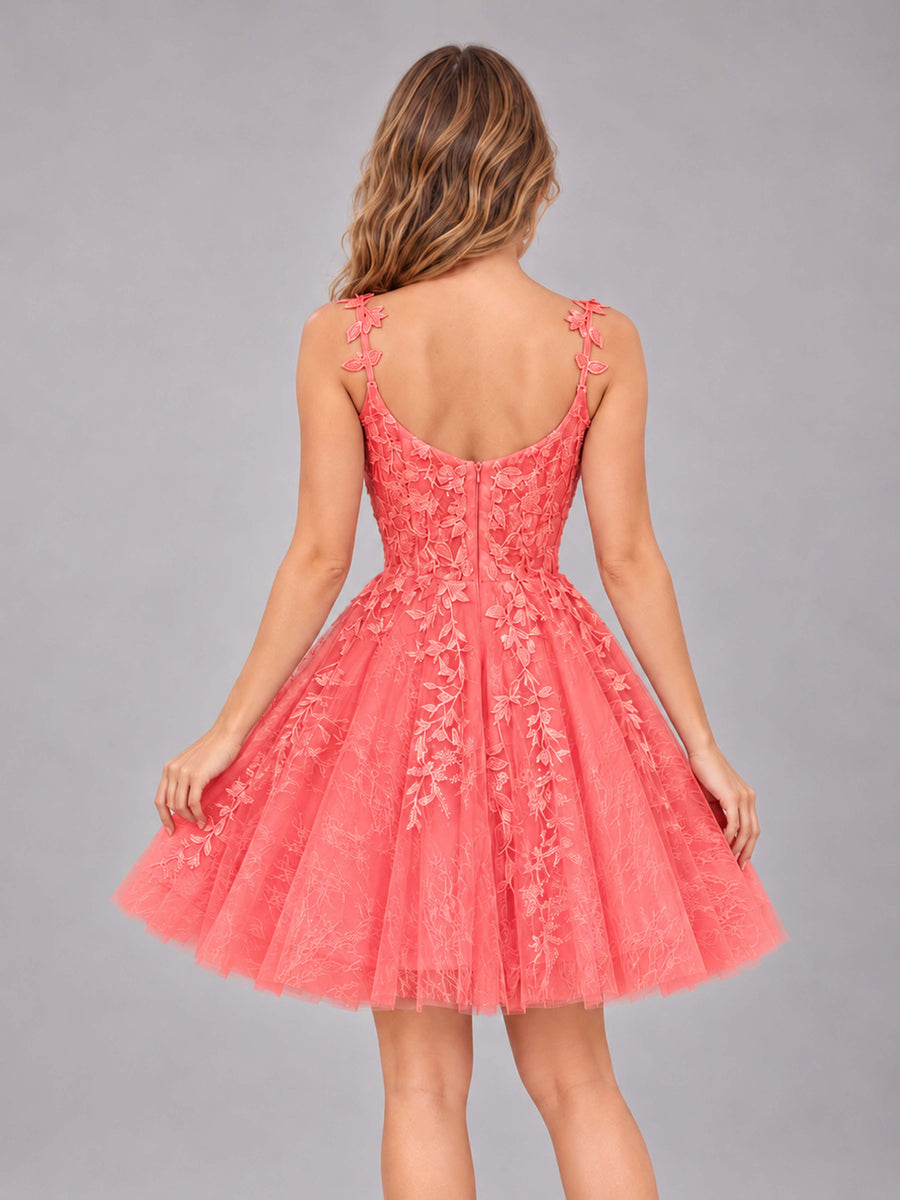 Coral Exquisite Appliques Spaghetti Straps Mini Tulle Homecoming Dresses