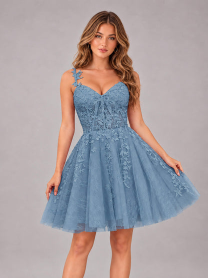 Dusty Blue Exquisite Appliques Spaghetti Straps Mini Tulle Homecoming Dresses
