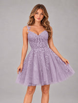 Exquisite Appliques Spaghetti Straps Mini Tulle Homecoming Dresses
