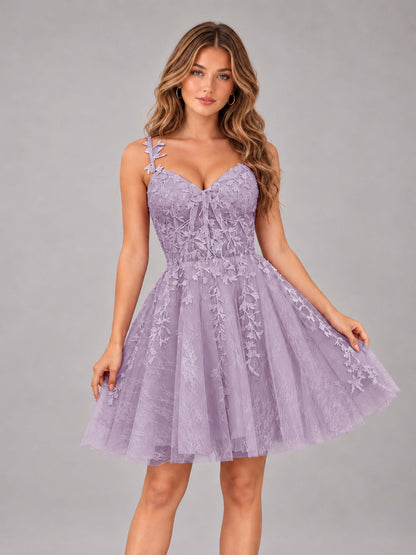 Dusty Purple Exquisite Appliques Spaghetti Straps Mini Tulle Homecoming Dresses