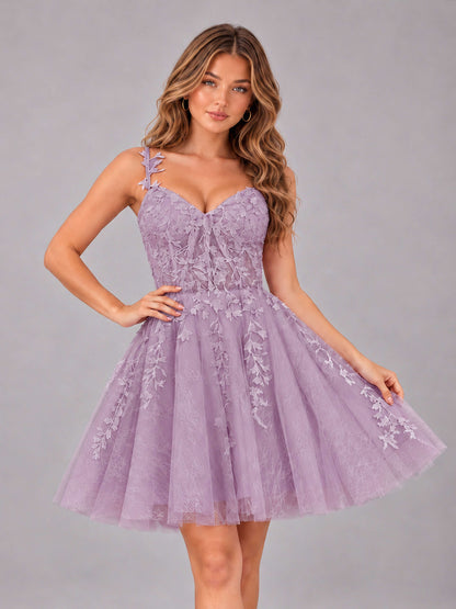 Dusty Purple Exquisite Appliques Spaghetti Straps Mini Tulle Homecoming Dresses