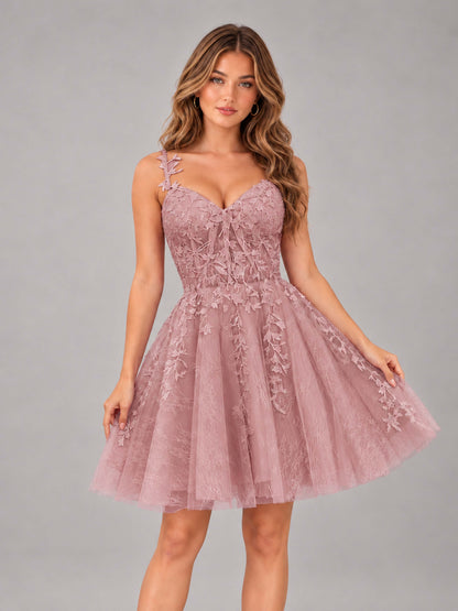 Dusty Rose Exquisite Appliques Spaghetti Straps Mini Tulle Homecoming Dresses