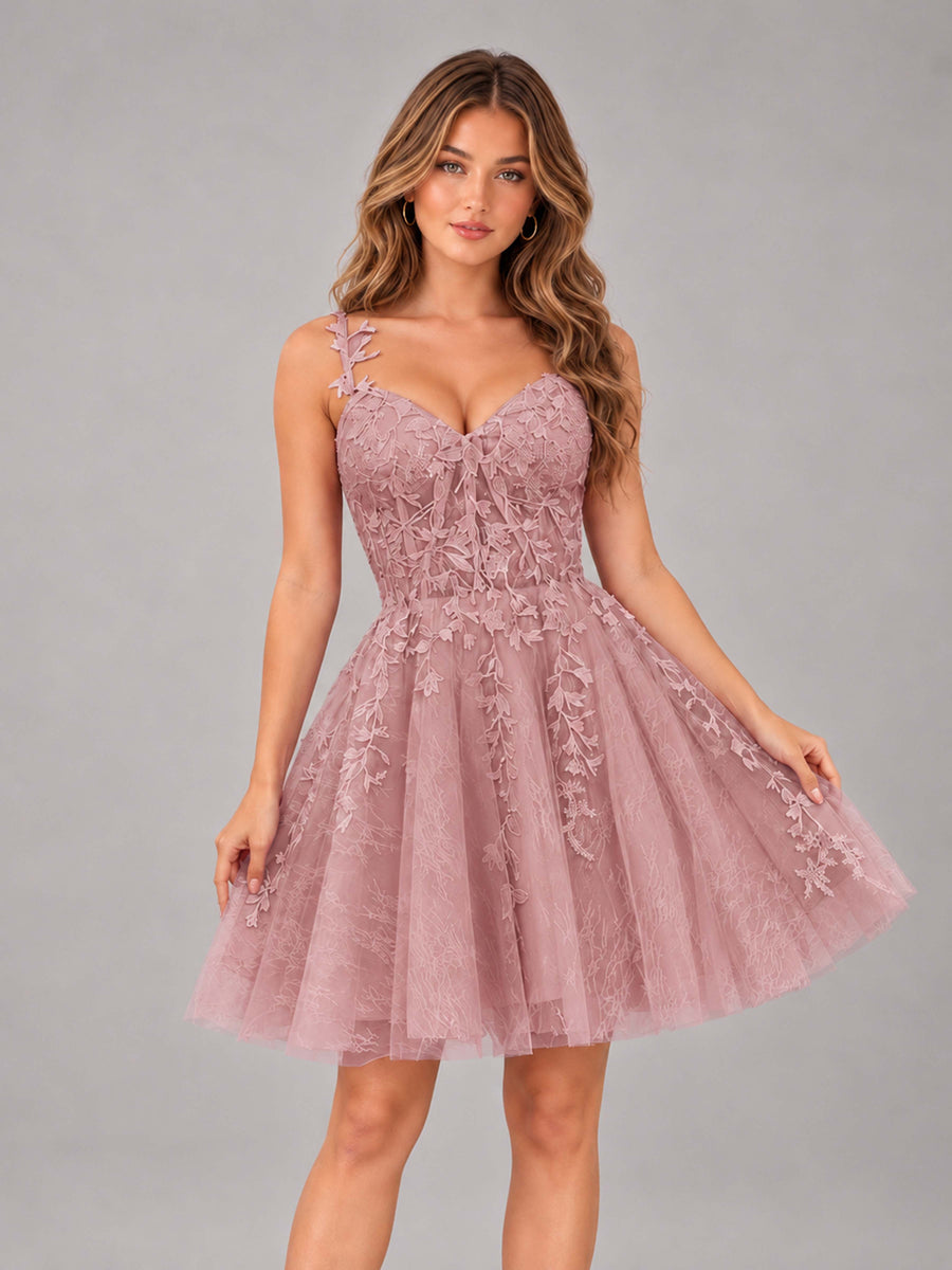 Dusty Rose Exquisite Appliques Spaghetti Straps Mini Tulle Homecoming Dresses