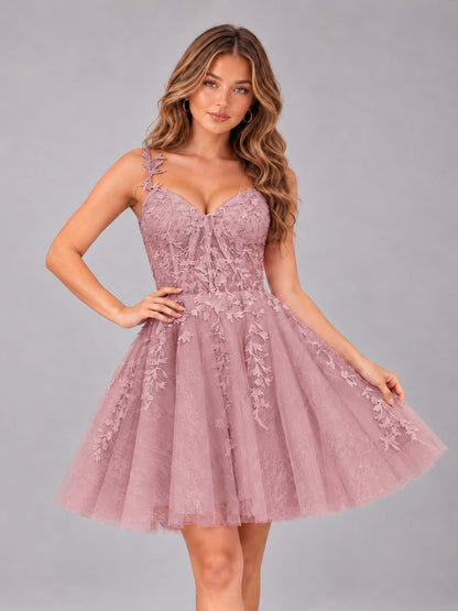 Dusty Rose Exquisite Appliques Spaghetti Straps Mini Tulle Homecoming Dresses