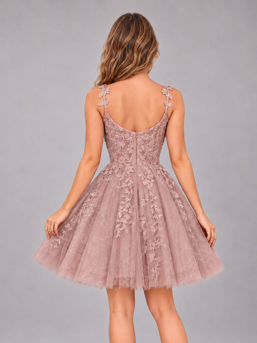 Dusty Rose Exquisite Appliques Spaghetti Straps Mini Tulle Homecoming Dresses