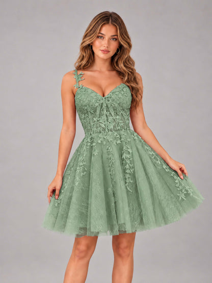Eucalyptus Exquisite Appliques Spaghetti Straps Mini Tulle Homecoming Dresses
