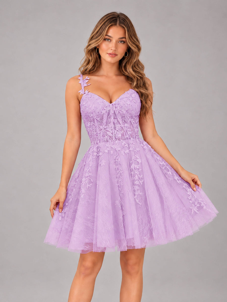 Lilac Exquisite Appliques Spaghetti Straps Mini Tulle Homecoming Dresses