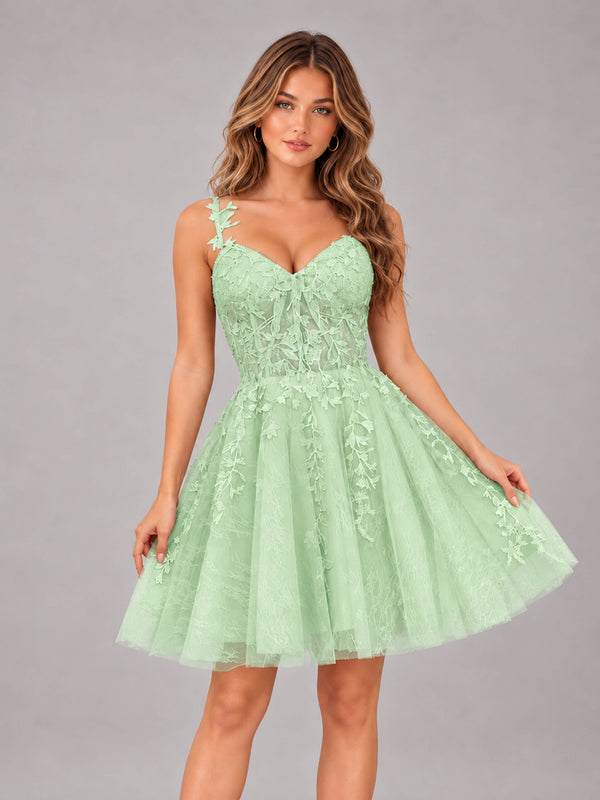 Mint Green Exquisite Appliques Spaghetti Straps Mini Tulle Homecoming Dresses
