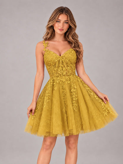 Mustard Yellow Exquisite Appliques Spaghetti Straps Mini Tulle Homecoming Dresses