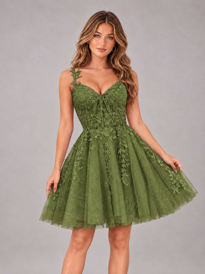 Olive Green Exquisite Appliques Spaghetti Straps Mini Tulle Homecoming Dresses