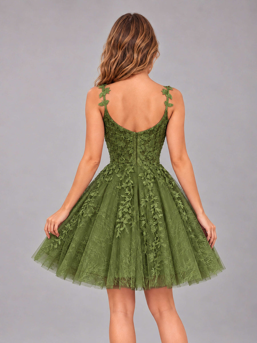 Olive Green Exquisite Appliques Spaghetti Straps Mini Tulle Homecoming Dresses