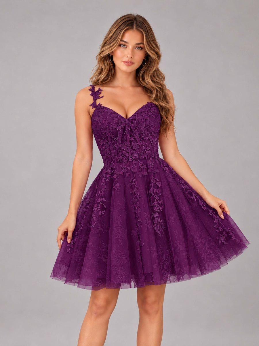 Plum Exquisite Appliques Spaghetti Straps Mini Tulle Homecoming Dresses