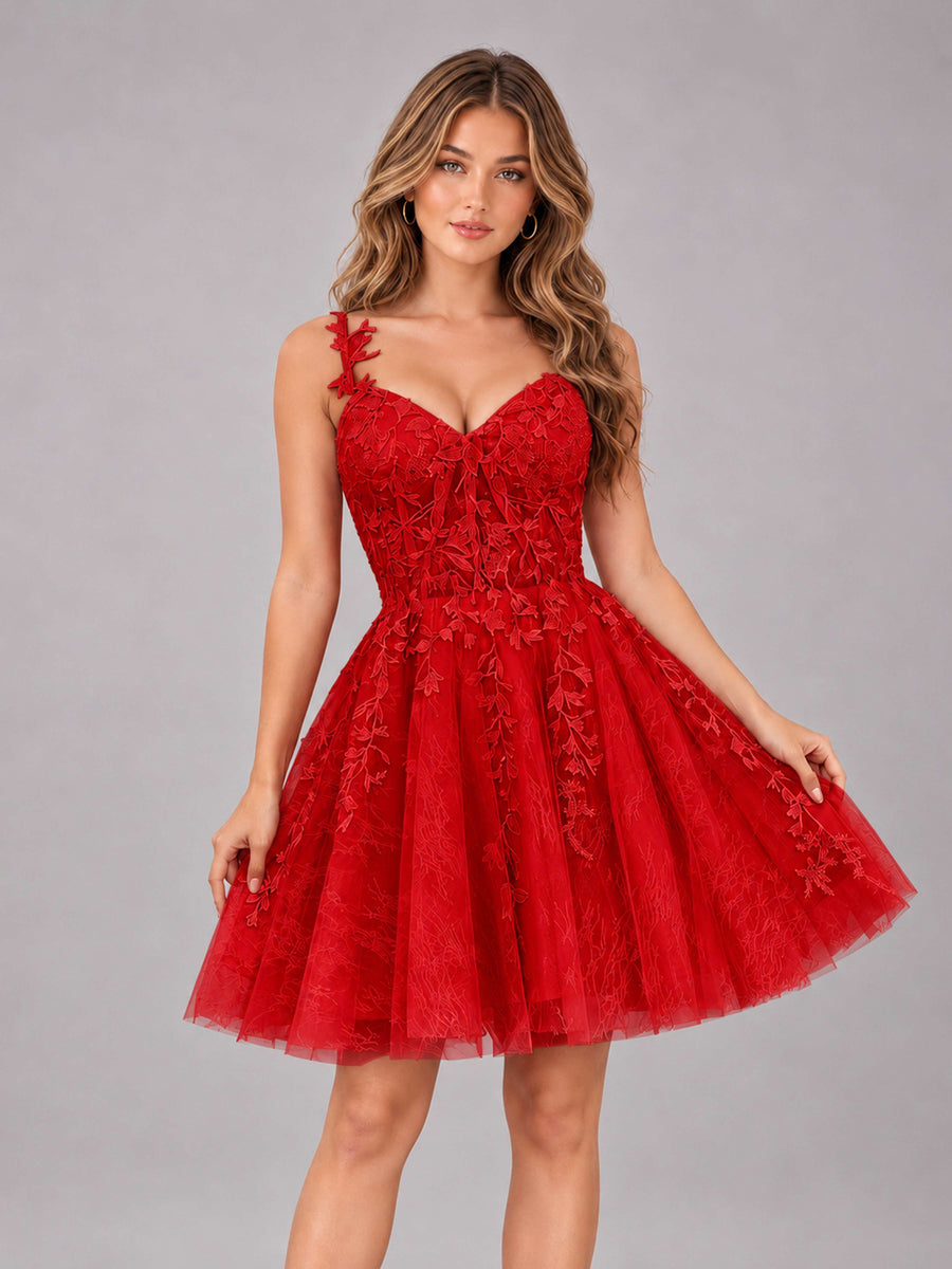 Red Exquisite Appliques Spaghetti Straps Mini Tulle Homecoming Dresses