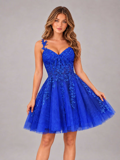 Royal Blue Exquisite Appliques Spaghetti Straps Mini Tulle Homecoming Dresses