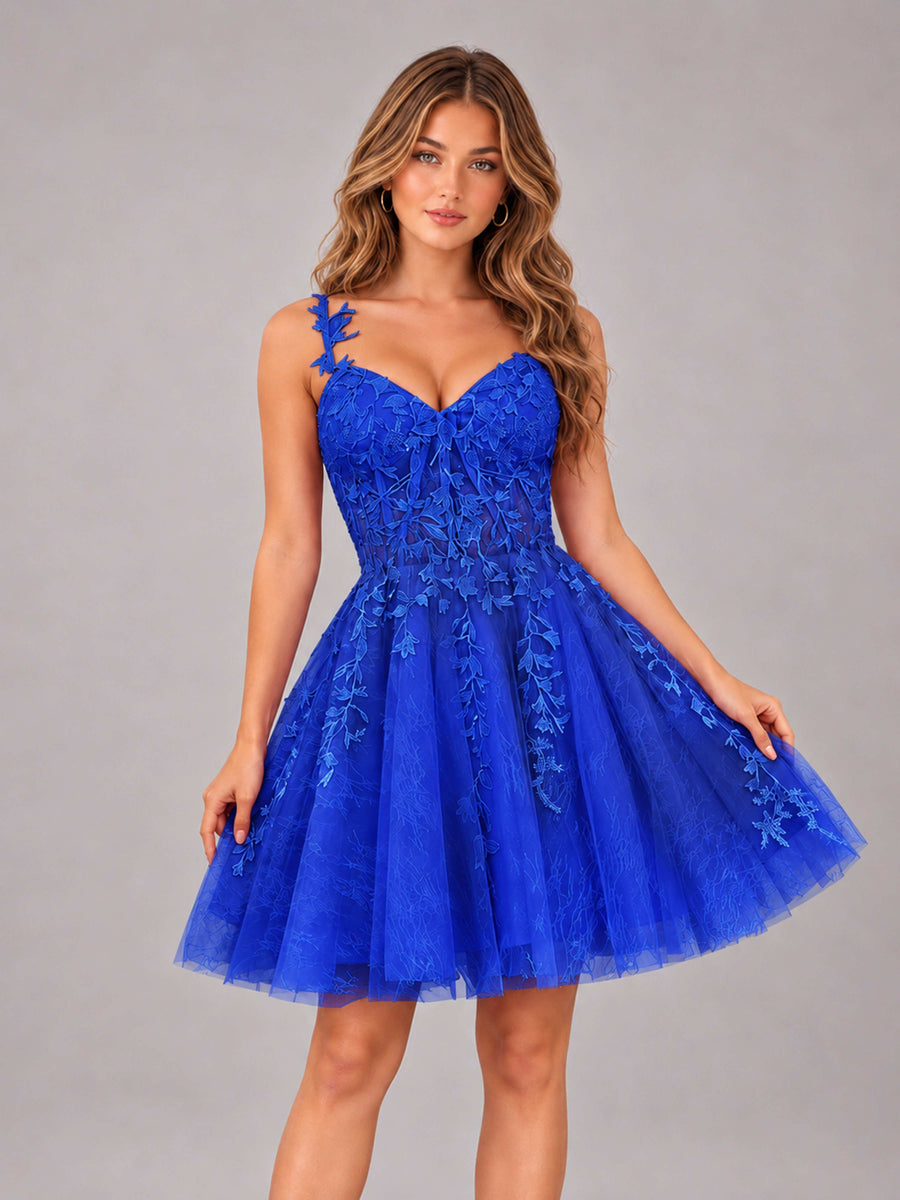 Royal Blue Exquisite Appliques Spaghetti Straps Mini Tulle Homecoming Dresses