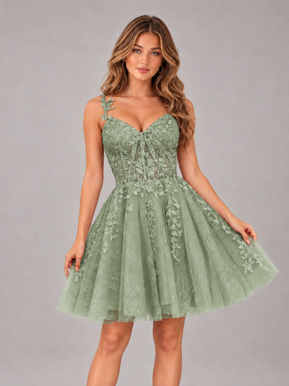 Sage Green Exquisite Appliques Spaghetti Straps Mini Tulle Homecoming Dresses