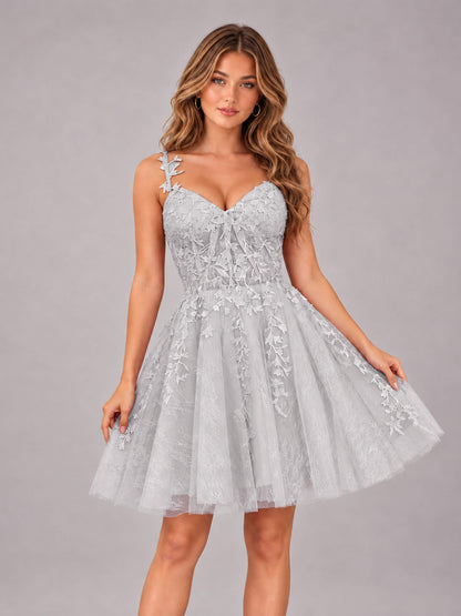 Silver Exquisite Appliques Spaghetti Straps Mini Tulle Homecoming Dresses
