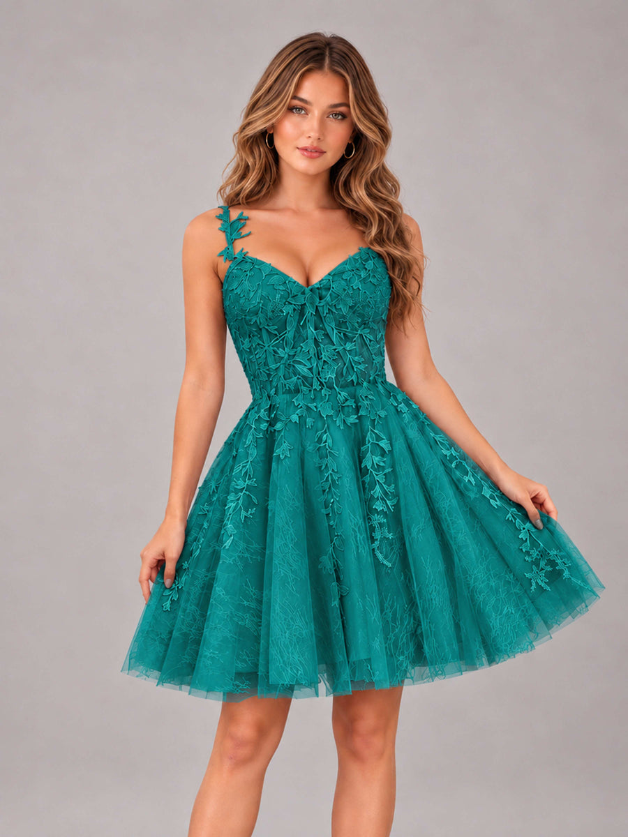 Teal Exquisite Appliques Spaghetti Straps Mini Tulle Homecoming Dresses