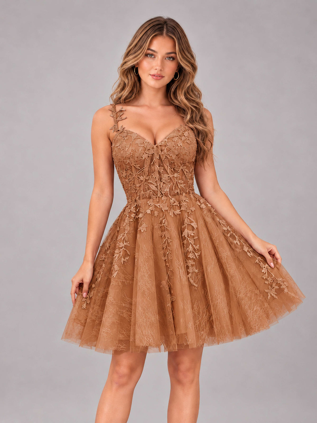 Terracotta Exquisite Appliques Spaghetti Straps Mini Tulle Homecoming Dresses