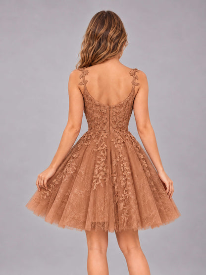 Terracotta Exquisite Appliques Spaghetti Straps Mini Tulle Homecoming Dresses