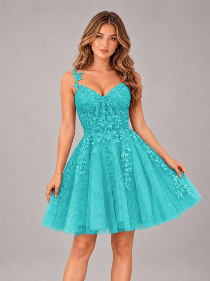 Turquoise Exquisite Appliques Spaghetti Straps Mini Tulle Homecoming Dresses