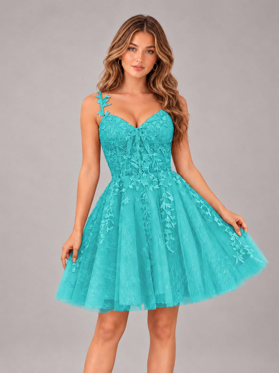 Turquoise Exquisite Appliques Spaghetti Straps Mini Tulle Homecoming Dresses