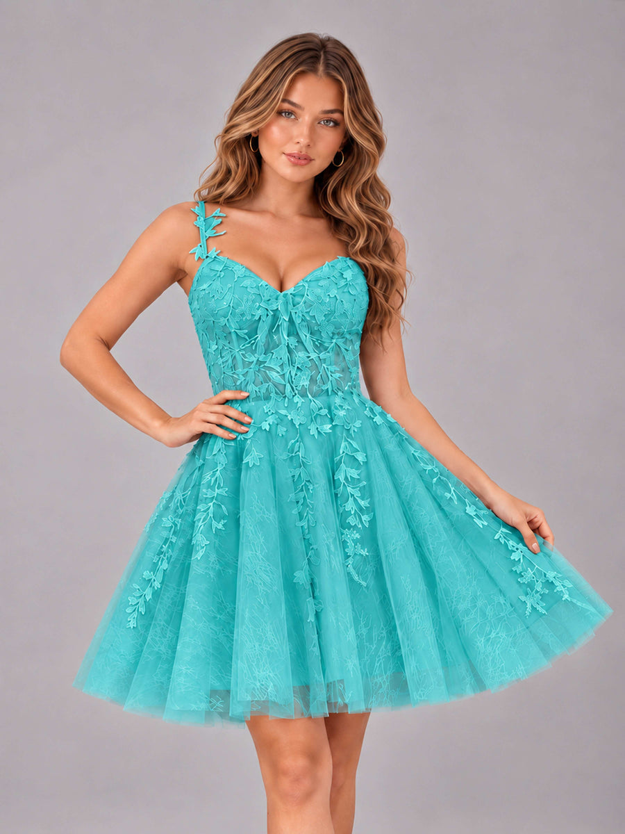 Turquoise Exquisite Appliques Spaghetti Straps Mini Tulle Homecoming Dresses