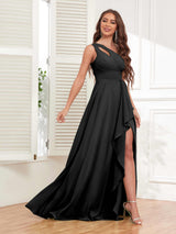 Exquisite One Shoulder Ruffles Slit Chiffon Bridesmaid Dresses
