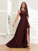 Exquisite One Shoulder Ruffles Slit Chiffon Bridesmaid Dresses