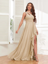 Exquisite One Shoulder Ruffles Slit Chiffon Bridesmaid Dresses