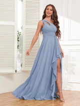 Exquisite One Shoulder Ruffles Slit Chiffon Bridesmaid Dresses