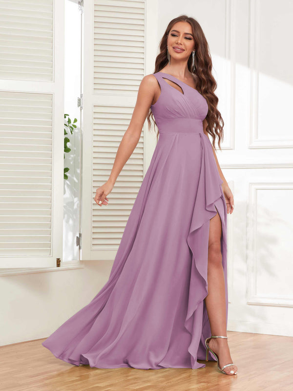 Dusty Purple Exquisite One Shoulder Ruffles Slit Chiffon Bridesmaid Dresses