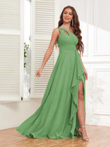 Exquisite One Shoulder Ruffles Slit Chiffon Bridesmaid Dresses
