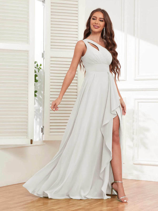 Ivory Exquisite One Shoulder Ruffles Slit Chiffon Bridesmaid Dresses