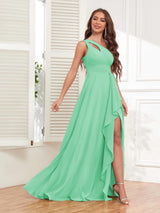 Exquisite One Shoulder Ruffles Slit Chiffon Bridesmaid Dresses