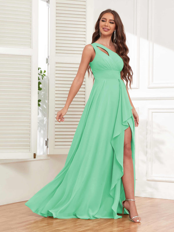 Mint Green Exquisite One Shoulder Ruffles Slit Chiffon Bridesmaid Dresses